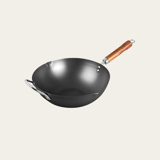 12.6 Inch Carbon Steel Round Bottom Wok With Glass Lid, 12.6”(32cm)