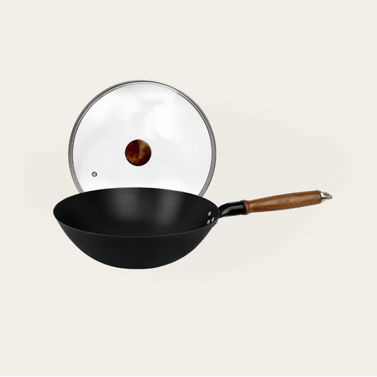 12-Inch Pure Iron Flat Bottom Wok With Glass Lid, 12”(30cm)