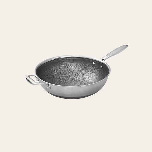 13.4 Inch Honeycomb Stainless Steel Stir-Fry Wok With Glass Lid, 13.4”(34cm)