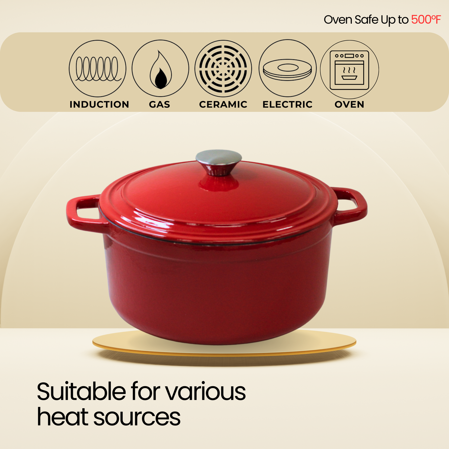 5.5 Quart Enameled Cast Iron Round Dutch Oven, Red